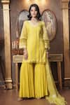 Buy_Surabhi Arya_Yellow Kurta And Gharara Mul Chanderi Embroidery Gota V Neck Zoya Bloom Set _at_Aza_Fashions