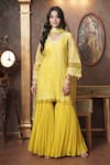 Surabhi Arya_Yellow Kurta And Gharara Mul Chanderi Embroidery Gota V Neck Zoya Bloom Set _Online_at_Aza_Fashions