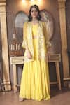 Shop_Surabhi Arya_Yellow Jacket Organza Embroidery Thread Open Neck Ambrosia And Skirt Set _Online_at_Aza_Fashions