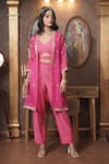 Buy_Surabhi Arya_Pink Crop Top And Pant Mul Chanderi Embroidery Gota Patti Blossom Jacket & Set _at_Aza_Fashions