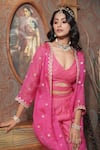 Shop_Surabhi Arya_Pink Crop Top And Pant Mul Chanderi Embroidery Gota Patti Blossom Jacket & Set _Online_at_Aza_Fashions