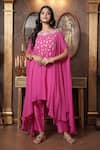 Buy_Surabhi Arya_Pink Georgette Embroidery Gardenia Boat Neck Gota Work Kaftan Cape With Pant _at_Aza_Fashions