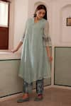 Buy_Vaayu_Green Muslin Cotton Printed Floral V Neck Pintuck Kurta And Pant Set _Online_at_Aza_Fashions