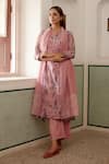 Shop_Vaayu_Pink Muslin Cotton Printed Floral Notched Kurta Set _Online_at_Aza_Fashions