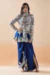 Buy_Anamika Khanna_Blue Embroidery Zari Stand Collar Floral Jacket And Draped Skirt Set _at_Aza_Fashions