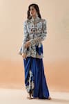 Shop_Anamika Khanna_Blue Embroidery Zari Stand Collar Floral Jacket And Draped Skirt Set _Online_at_Aza_Fashions