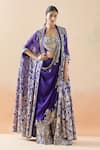 Buy_Anamika Khanna_Purple Embroidery Resham Blouse Scoop Floral Sharara Saree Set With Jacket _at_Aza_Fashions