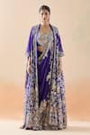 Buy_Anamika Khanna_Purple Embroidery Resham Blouse Scoop Floral Sharara Saree Set With Jacket 