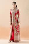 Buy_Anamika Khanna_Red Embroidery Zari Stand Collar Sequin Long Jacket And Draped Skirt Set _Online_at_Aza_Fashions