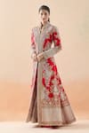 Anamika Khanna_Red Embroidery Zari Stand Collar Sequin Long Jacket And Draped Skirt Set _at_Aza_Fashions