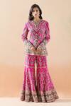 Buy_Anamika Khanna_Pink Embroidery Floral Notched Peplum Jacket And Sharara Set _Online_at_Aza_Fashions