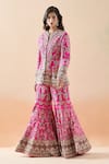 Shop_Anamika Khanna_Pink Embroidery Floral Notched Peplum Jacket And Sharara Set _Online_at_Aza_Fashions