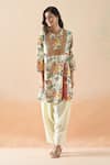 Debyani + Co_Ivory Silk Printed Botanical Notched Short Kurta And Dhoti Pant Set _at_Aza_Fashions