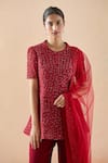 Mishru_Red Embroidery Thread Round Geometric Peplum Kurta Set _at_Aza_Fashions