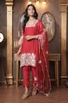 Buy_Surabhi Arya_Red Kurta Mul Chanderi Embroidered Thread Square Foliage Pant Set _at_Aza_Fashions