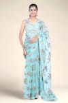 Buy_Bhumika Sharma_Blue Organza Printed Sylvia Floral V Neck Saree With Blouse _at_Aza_Fashions