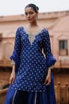 Megha Pitti_Blue Dupion Silk Printed Floral V Neck Short Kurta Sharara Set _Online_at_Aza_Fashions