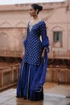 Shop_Megha Pitti_Blue Dupion Silk Printed Floral V Neck Short Kurta Sharara Set _Online_at_Aza_Fashions