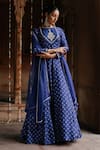 Buy_Megha Pitti_Blue Dupion Silk Printed Flower Boat Neck Anarkali With Dupatta _at_Aza_Fashions