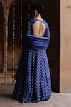 Shop_Megha Pitti_Blue Dupion Silk Printed Flower Boat Neck Anarkali With Dupatta _at_Aza_Fashions