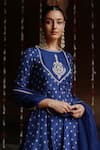 Megha Pitti_Blue Dupion Silk Printed Flower Boat Neck Anarkali With Dupatta _Online_at_Aza_Fashions