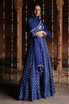 Megha Pitti_Blue Dupion Silk Printed Flower Boat Neck Anarkali With Dupatta _at_Aza_Fashions