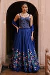 Buy_Megha Pitti_Blue Dupion Silk Printed Floral Sweetheart Neck Lehenga Corset Set _at_Aza_Fashions