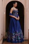 Megha Pitti_Blue Dupion Silk Printed Floral Sweetheart Neck Lehenga Corset Set _at_Aza_Fashions