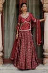 Buy_Megha Pitti_Red Dupion Silk Printed Floral Leaf Neck Top Lehenga Set _at_Aza_Fashions