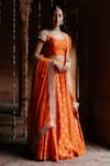 Buy_Megha Pitti_Orange Dupion Silk Printed Bloom Sweetheart Neck Lehenga Set _at_Aza_Fashions