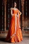 Shop_Megha Pitti_Orange Dupion Silk Printed Bloom Sweetheart Neck Lehenga Set _Online_at_Aza_Fashions