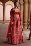 Buy_Megha Pitti_Red Dupion Silk Printed Bloom Blunt V Neck Lehenga Set _Online_at_Aza_Fashions