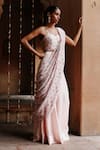 Megha Pitti_Pink Dupion Silk Printed Mughal Pre-stitched Saree With Blouse Piece _Online_at_Aza_Fashions