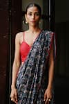 Megha Pitti_Blue Dupion Silk Printed Floral Pre-stitched Saree With Blouse Piece _at_Aza_Fashions