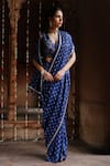 Buy_Megha Pitti_Blue Dupion Silk Printed Blossom Pre-stitched Saree With Blouse Piece _at_Aza_Fashions