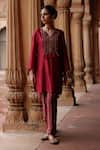 Buy_Megha Pitti_Magenta Dupion Silk Embroidery Sequin Split V Neck Bloom Yoke Kurta With Pant _at_Aza_Fashions