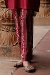 Megha Pitti_Magenta Dupion Silk Embroidery Sequin Split V Neck Bloom Yoke Kurta With Pant _Online_at_Aza_Fashions