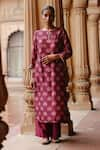 Buy_Megha Pitti_Wine Dupion Silk Print Padma Sequin Boat Neck Motif Embellished Kurta With Pant _at_Aza_Fashions