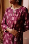 Shop_Megha Pitti_Wine Dupion Silk Print Padma Sequin Boat Neck Motif Embellished Kurta With Pant _Online_at_Aza_Fashions