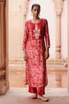 Buy_Megha Pitti_Red Dupion Silk Print Flora Round Neck Embroidered Yoke Kurta With Pant _at_Aza_Fashions