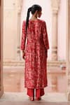 Shop_Megha Pitti_Red Dupion Silk Print Flora Round Neck Embroidered Yoke Kurta With Pant _at_Aza_Fashions