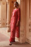 Megha Pitti_Red Dupion Silk Print Flora Round Neck Embroidered Yoke Kurta With Pant _Online_at_Aza_Fashions