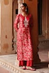 Buy_Megha Pitti_Red Dupion Silk Print Flora Round Neck Embroidered Yoke Kurta With Pant _Online_at_Aza_Fashions