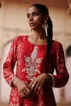 Megha Pitti_Red Dupion Silk Print Flora Round Neck Embroidered Yoke Kurta With Pant _at_Aza_Fashions