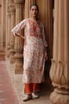 Buy_Megha Pitti_Off White Dupion Silk Print Dori Split V Bahar Embroidered Yoke Kurta With Pant _at_Aza_Fashions