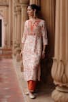 Megha Pitti_Off White Dupion Silk Print Dori Split V Bahar Embroidered Yoke Kurta With Pant _Online_at_Aza_Fashions