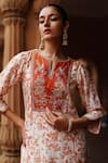 Megha Pitti_Off White Dupion Silk Print Dori Split V Bahar Embroidered Yoke Kurta With Pant _at_Aza_Fashions