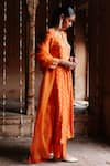 Megha Pitti_Orange Dupion Silk Print Clover Bloom Dori Embroidered Yoke Kurta Pant Set _Online_at_Aza_Fashions