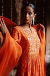 Buy_Megha Pitti_Orange Dupion Silk Print Clover Bloom Dori Embroidered Yoke Kurta Pant Set _Online_at_Aza_Fashions