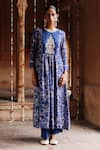 Buy_Megha Pitti_Blue Dupion Silk Print Bahar Bloom Zardozi Embroidered Yoke Kurta With Pant _at_Aza_Fashions